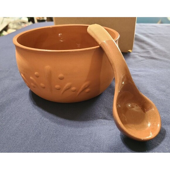 Vtg Boston Warehouse Clay Terracotta Salsa Bowl & Spoon  Glazed Inside 1993 - Picture 1 of 7